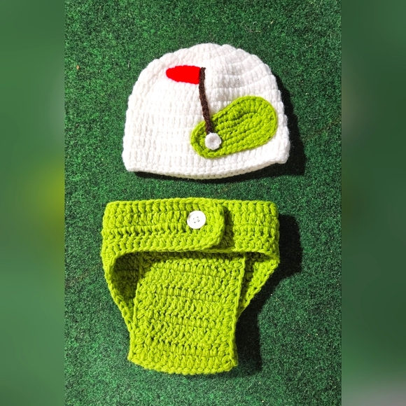 Handmade Golf White and Green Crochet Baby Hat and Diaper Cover Set - Picture 1 of 5